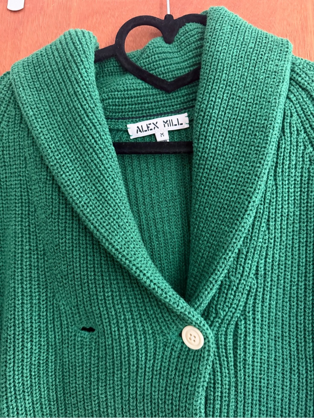 Alex Mill Kelly Green Ribbed Shawl-Collar Cardigan with Patch Pockets - Picture 2 of 2